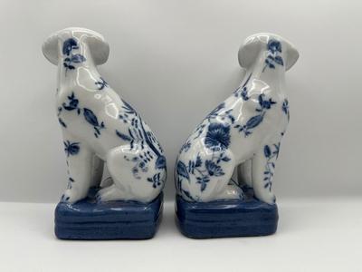 Pair of Blue & White Porcelain Dog Figurines