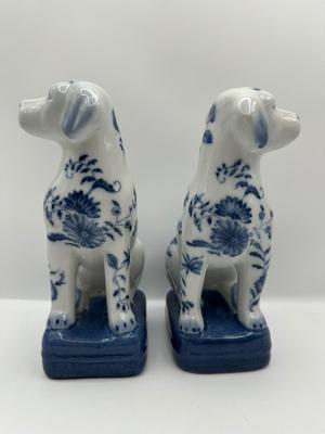 Pair of Blue & White Porcelain Dog Figurines
