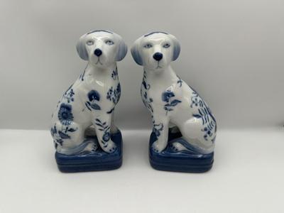 Pair of Blue & White Porcelain Dog Figurines