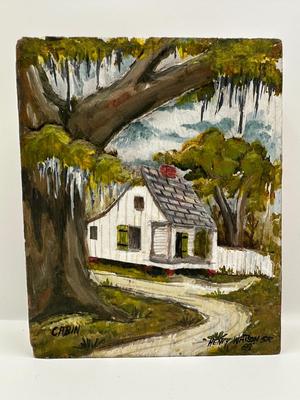Henry Watson “Cabin” Oil on Carved Cypress, 1988