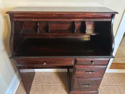 Wood Roll-Top Desk with Drawers & Cubbies