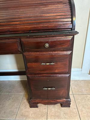 Wood Roll-Top Desk with Drawers & Cubbies