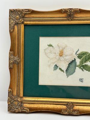 Framed Cross-Stitch Magnolia Needlework (Signed & Dated 1992)
