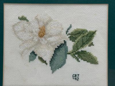 Framed Cross-Stitch Magnolia Needlework (Signed & Dated 1992)