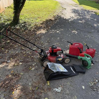 Troy-Built Mower & Hitachi Blower with Three Gas Cans