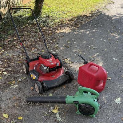 Troy-Built Mower & Hitachi Blower with Three Gas Cans