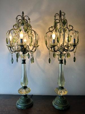 Pair of Vintage Green Glass Chandelier Table Lamps