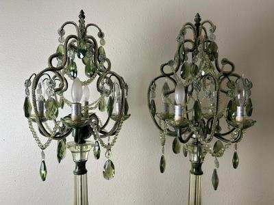 Pair of Vintage Green Glass Chandelier Table Lamps