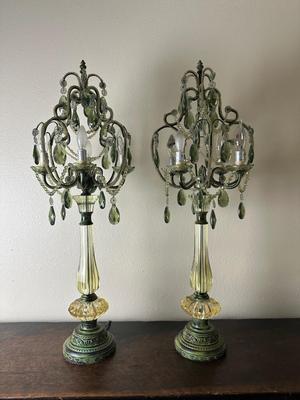 Pair of Vintage Green Glass Chandelier Table Lamps