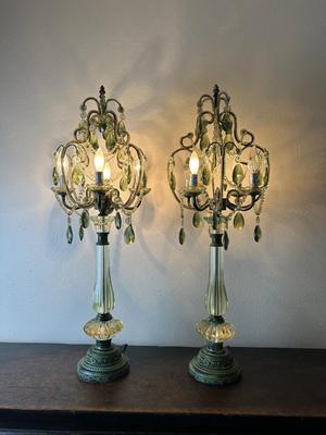 Pair of Vintage Green Glass Chandelier Table Lamps