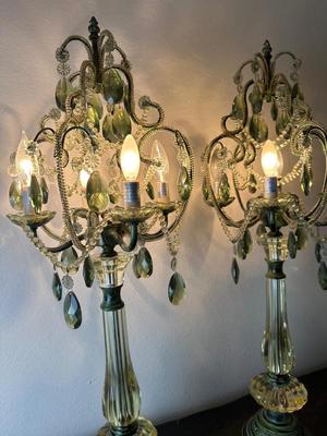 Pair of Vintage Green Glass Chandelier Table Lamps