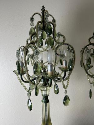 Pair of Vintage Green Glass Chandelier Table Lamps