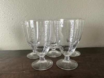 Set of 5 Etched Floral Glass Goblets