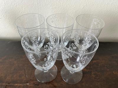 Set of 5 Etched Floral Glass Goblets