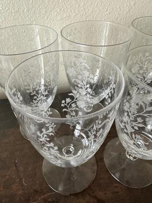 Set of 5 Etched Floral Glass Goblets
