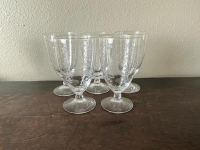 Set of 5 Etched Floral Glass Goblets