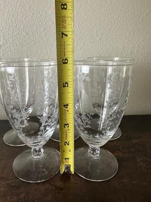 Set of 5 Etched Floral Glass Goblets