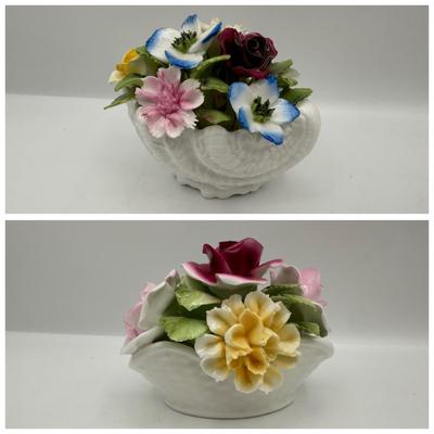 Two Bone China Flower Basket Arrangements