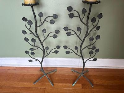Pair of Decorative Metal Floor Candle Holders with Leaf Design