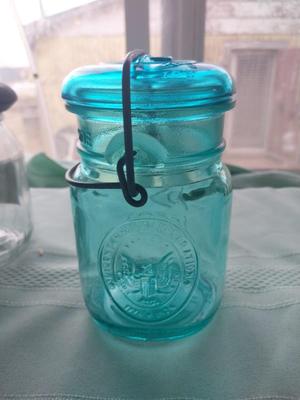 BLUE GLASS CANISTER JARS AND EAGLE JAR