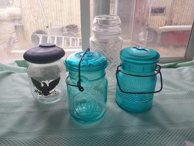 BLUE GLASS CANISTER JARS AND EAGLE JAR