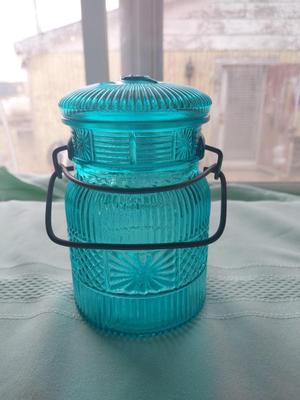 BLUE GLASS CANISTER JARS AND EAGLE JAR