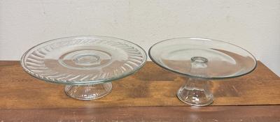 Lot of 2 Clear Glass Cake Plate Serving Dish Pedestal Dish 12" & 10"