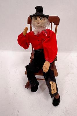 Vintage Folk Art Grandpa Snazzy Ozark Pioneer Doll sitting in wooden rocker walnut head