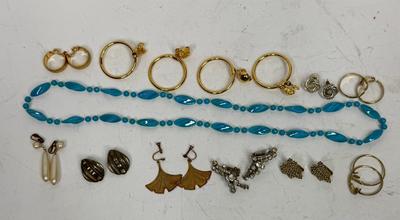 Large 12pc Vintage Jewelry Lot -Blue Beaded Necklace & Earrings mostly clip-on