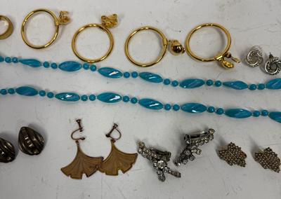 Large 12pc Vintage Jewelry Lot -Blue Beaded Necklace & Earrings mostly clip-on