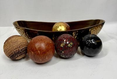 Rustic Decor - Large Copper colored Ceramic Bowl / Compote, Boat Shaped, with 5 Decorative Ball