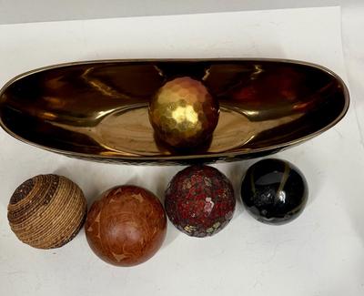 Rustic Decor - Large Copper colored Ceramic Bowl / Compote, Boat Shaped, with 5 Decorative Ball