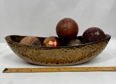 Rustic Decor - Large Copper colored Ceramic Bowl / Compote, Boat Shaped, with 5 Decorative Ball
