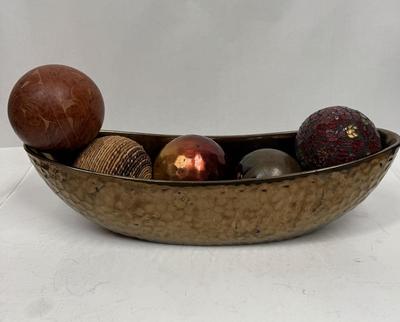 Rustic Decor - Large Copper colored Ceramic Bowl / Compote, Boat Shaped, with 5 Decorative Ball