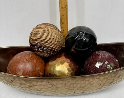 Rustic Decor - Large Copper colored Ceramic Bowl / Compote, Boat Shaped, with 5 Decorative Ball