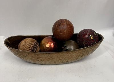 Rustic Decor - Large Copper colored Ceramic Bowl / Compote, Boat Shaped, with 5 Decorative Ball
