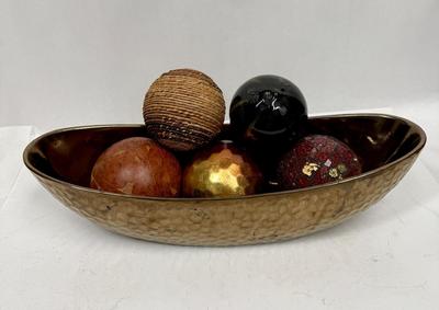 Rustic Decor - Large Copper colored Ceramic Bowl / Compote, Boat Shaped, with 5 Decorative Ball