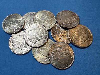 BAG #1 OF 10 DECENT SHAPE MORGAN & PEACE SILVER DOLLARS AT MELT SILVER PRICE AS PICTURED.