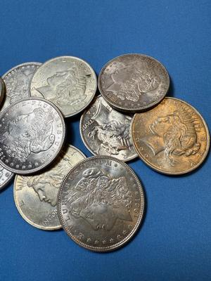 BAG #1 OF 10 DECENT SHAPE MORGAN & PEACE SILVER DOLLARS AT MELT SILVER PRICE AS PICTURED.