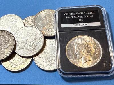BAG #3 OF 10 DECENT SHAPE MORGAN & PEACE SILVER DOLLARS AT MELT SILVER PRICE AS PICTURED. (RECEIVE ALL COINS PICTURED).