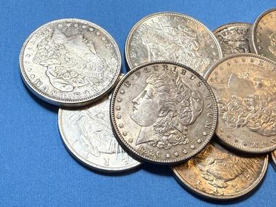 BAG #3 OF 10 DECENT SHAPE MORGAN & PEACE SILVER DOLLARS AT MELT SILVER PRICE AS PICTURED. (RECEIVE ALL COINS PICTURED).