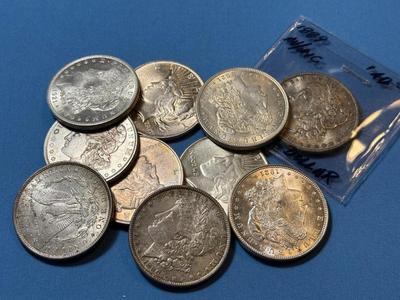 BAG #4 OF 10 DECENT SHAPE MORGAN & PEACE SILVER DOLLARS AT MELT SILVER PRICE AS PICTURED. (RECEIVE ALL COINS PICTURED).