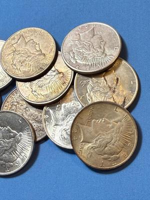 BAG #5 OF 10 DECENT SHAPE MORGAN & PEACE SILVER DOLLARS AT MELT SILVER PRICE AS PICTURED. (RECEIVE ALL COINS PICTURED).