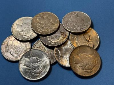 BAG #5 OF 10 DECENT SHAPE MORGAN & PEACE SILVER DOLLARS AT MELT SILVER PRICE AS PICTURED. (RECEIVE ALL COINS PICTURED).