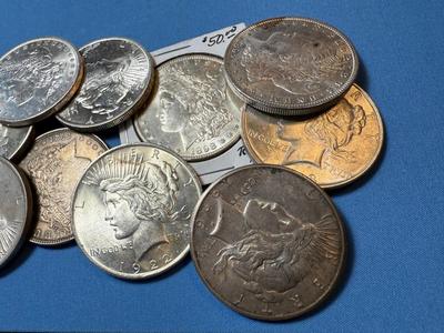 BAG #7 OF 10 DECENT SHAPE MORGAN & PEACE SILVER DOLLARS AT MELT SILVER PRICE AS PICTURED. (RECEIVE ALL COINS PICTURED).