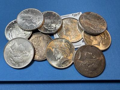 BAG #7 OF 10 DECENT SHAPE MORGAN & PEACE SILVER DOLLARS AT MELT SILVER PRICE AS PICTURED. (RECEIVE ALL COINS PICTURED).