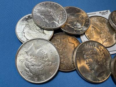 BAG #7 OF 10 DECENT SHAPE MORGAN & PEACE SILVER DOLLARS AT MELT SILVER PRICE AS PICTURED. (RECEIVE ALL COINS PICTURED).