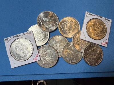 BAG #8 OF 10 DECENT SHAPE MORGAN & PEACE SILVER DOLLARS AT MELT SILVER PRICE AS PICTURED. (RECEIVE ALL COINS PICTURED).