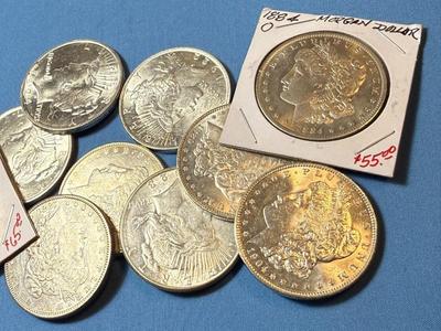 BAG #8 OF 10 DECENT SHAPE MORGAN & PEACE SILVER DOLLARS AT MELT SILVER PRICE AS PICTURED. (RECEIVE ALL COINS PICTURED).