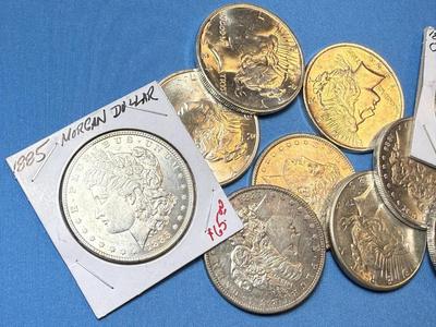 BAG #8 OF 10 DECENT SHAPE MORGAN & PEACE SILVER DOLLARS AT MELT SILVER PRICE AS PICTURED. (RECEIVE ALL COINS PICTURED).